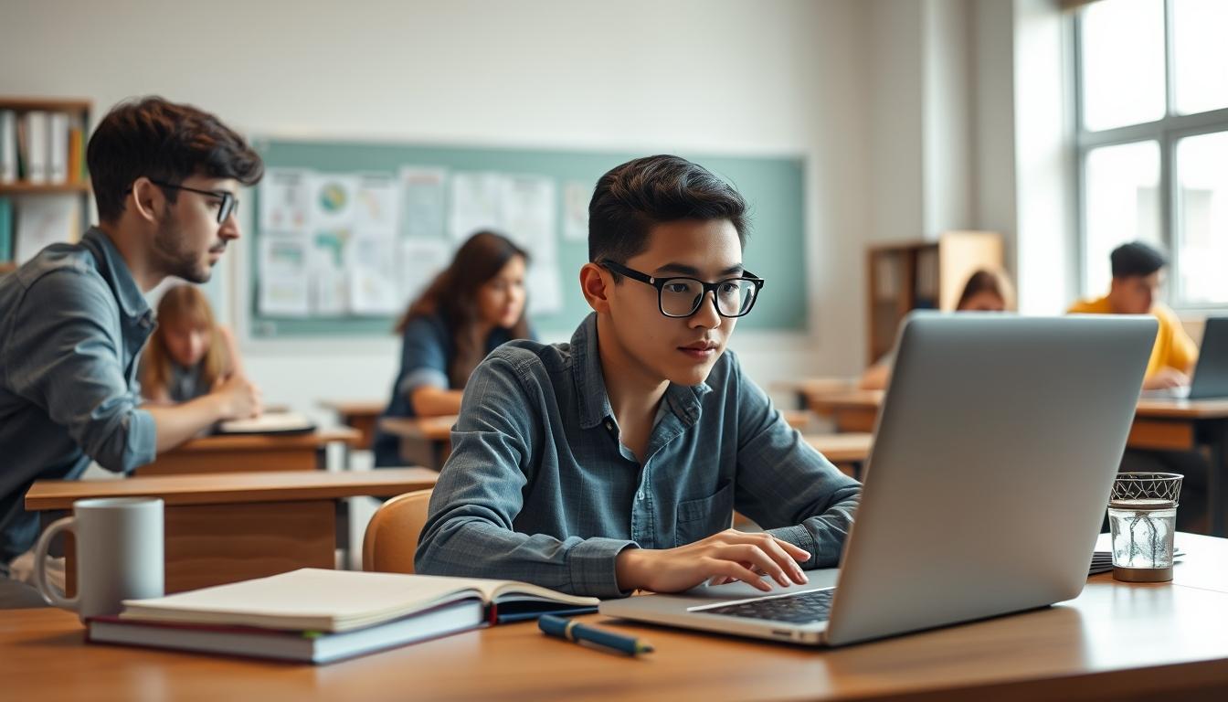 Students studying together in modern classroom